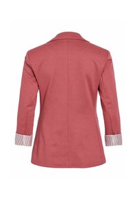 Piros blézer strukturált kialakítással, háromnegyedes ujjakkal és csíkos fehér-piros mandzsettával. Sima anyag, hátulról bemutatva.