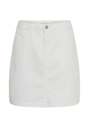 Fehér farmer mini szoknya elülső gombokkal, övbújtatókkal és két elülső zsebbel.