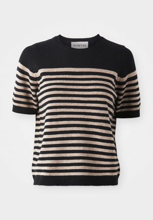 Striped short-sleeve sweater made from a soft material; features navy blue and beige stripes, round neckline, and ribbed hem.