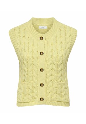 Cardigan sans manches jaune tricoté avec motif torsadé, cinq boutons marron sur le devant et deux poches avant.