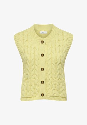 Cardigan sans manches jaune tricoté avec motif torsadé, cinq boutons marron sur le devant et deux poches avant.