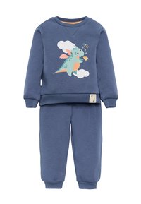 Conjunto de sudadera y pantalones azules para niños con un dragón de dibujos animados escupiendo fuego y el texto "Hola Dragón" en la parte superior.
