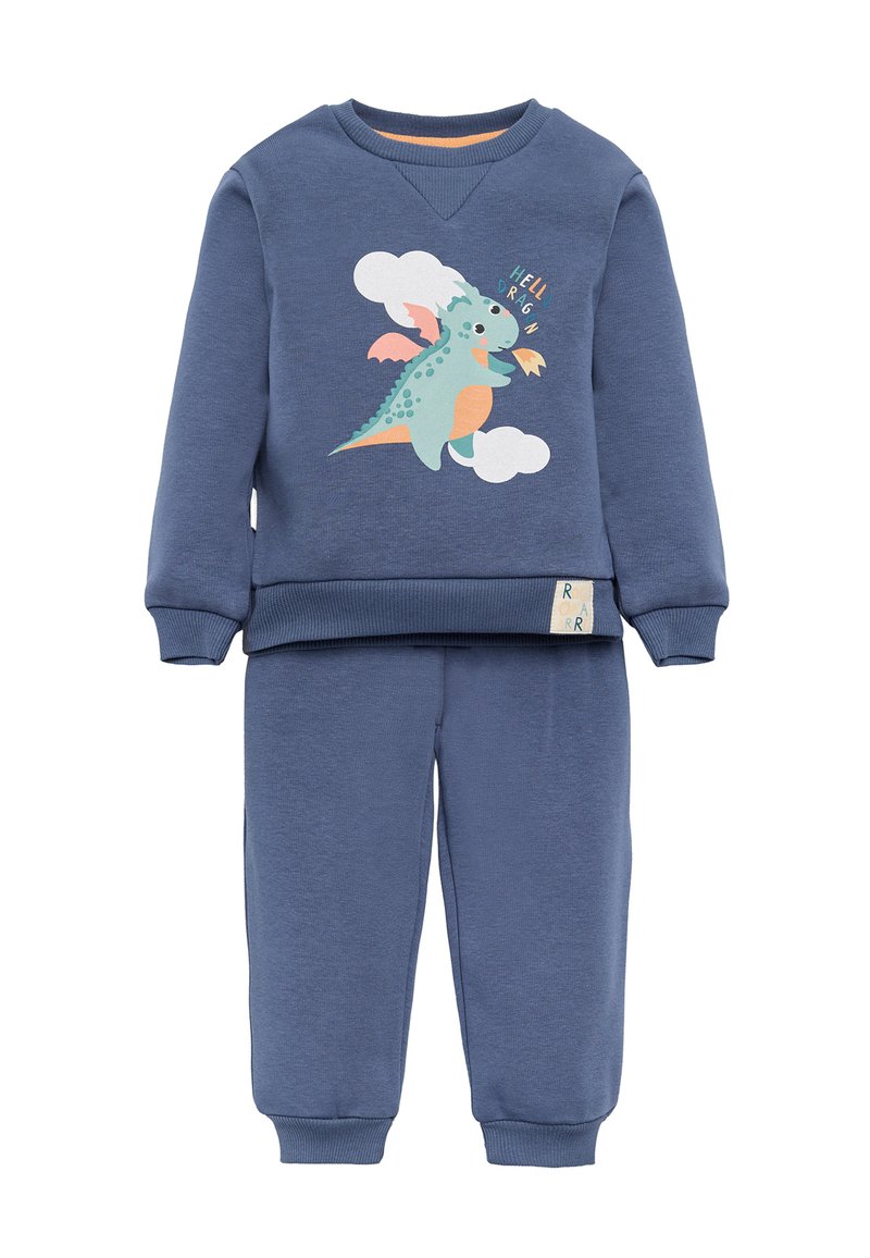 Conjunto de sudadera y pantalones azules para niños con un dragón de dibujos animados escupiendo fuego y el texto "Hola Dragón" en la parte superior.