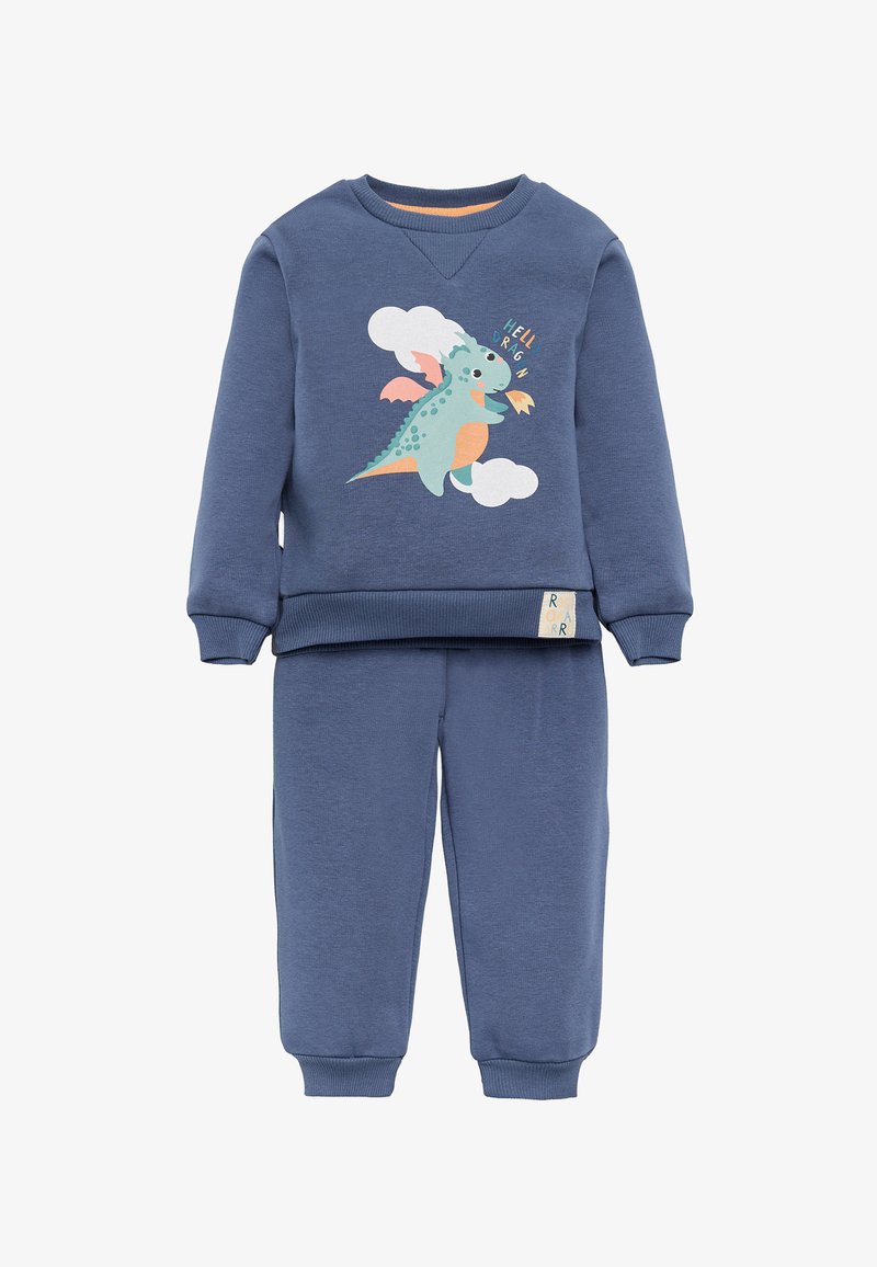 Conjunto de sudadera y pantalones azules para niños con un dragón de dibujos animados escupiendo fuego y el texto "Hola Dragón" en la parte superior.