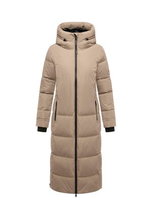 Pikk, polsterdatud beež puffer-kurtka kõrge kraega, ees lukuga sulgemine ja mustad aktsendid. Omab kahte küljetaskut ja elastseid mansette.