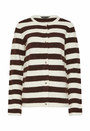 Cardigan à rayures horizontales marron et blanches à manches longues, avec un col rond et cinq boutons argentés sur le devant.