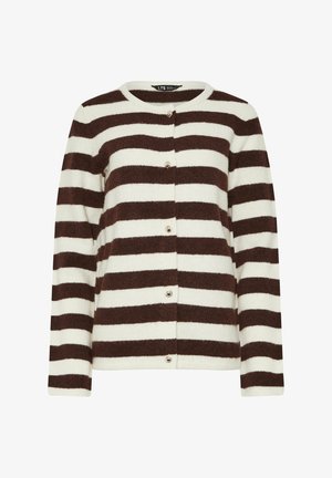 Cardigan a righe orizzontali marroni e bianche con maniche lunghe, scollo rotondo e cinque bottoni d'argento sul davanti.