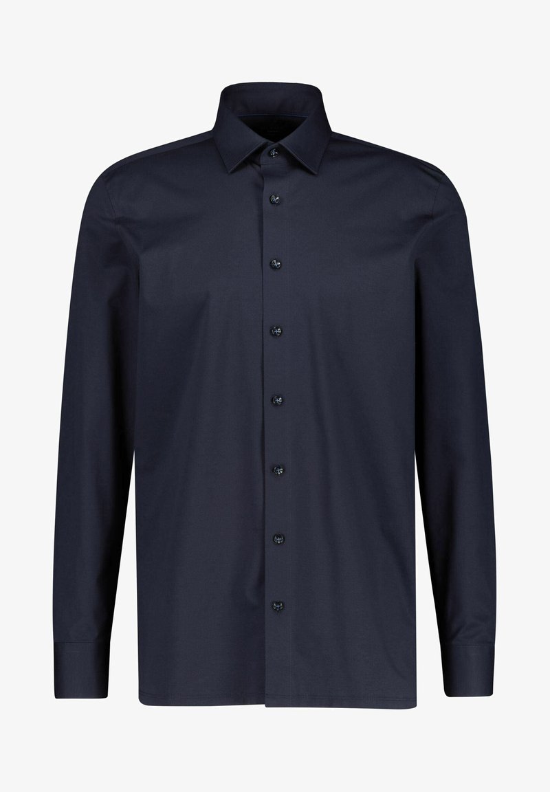 Marineblauw overhemd met lange mouwen en knopen. Gemaakt van gladde stof met een klassieke kraag, volledige knoopsluiting aan de voorkant en knoopmanchetten. Geen patronen of accenten.