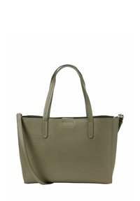 Olijf groene, gestructureerde leren tote bag met twee handvaten en een afneembare schouderriem, getoond op een witte achtergrond.