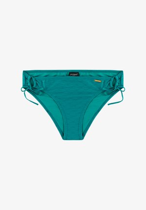 Sinivihreät bikinihousut, jotka on valmistettu teksturoidusta kankaasta. Niissä on solmimisnauhat kummallakin puolella ja pieni brändätty lippu etukappaleen vyötärönauhassa.
