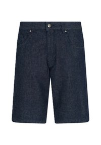 Shorts in denim blu scuro con un design classico, dotati di chiusura frontale con bottone, due tasche laterali e dettagli orlati leggermente sfrangiati.