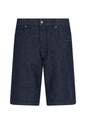 Shorts in denim blu scuro con un design classico, dotati di chiusura frontale con bottone, due tasche laterali e dettagli orlati leggermente sfrangiati.