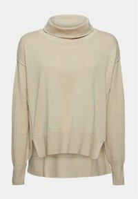 Beige stickad tröja med hög krage, långa ärmar, ribbade manchetter och nederkant, samt en något längre bakre nederkant.