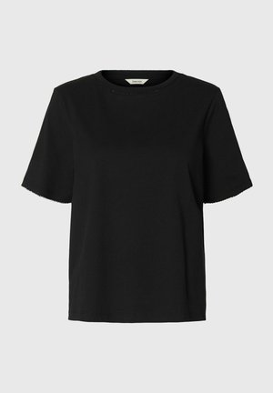 T-shirt noir à manches courtes avec col rond, coupe droite et bords subtilement festonnés aux manches et à l'encolure.