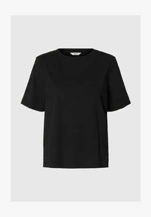 T-shirt noir à manches courtes avec col rond, coupe droite et bords subtilement festonnés aux manches et à l'encolure.