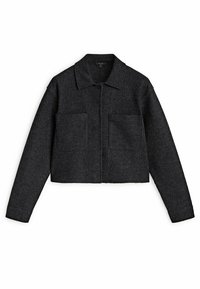 Gekürzte, dunkelgraue Wolljacke mit einem Frontknopfverschluss, zwei vorderen Taschen und einem klassischen Kragen. Weiche Textur und lässige Passform.