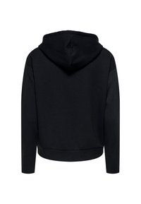 Felpa nera a maniche lunghe mostrata dal retro con cappuccio e design semplice su sfondo bianco.