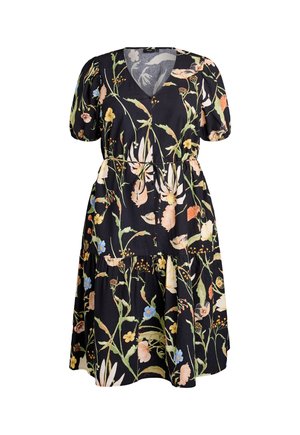 Sort kortærmet kjole med V-hals, indsnævret talje og farverigt blomsterprint med grønne stilke og pastelfarvede blomster.