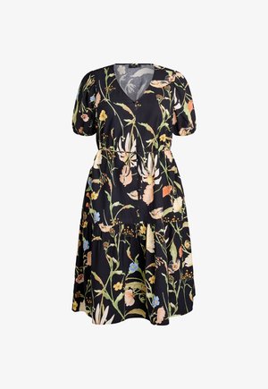 Zwarte jurk met korte mouwen, V-hals, getailleerde taille en kleurrijke bloemenprint met groene stengels en pastelkleurige bloemen.