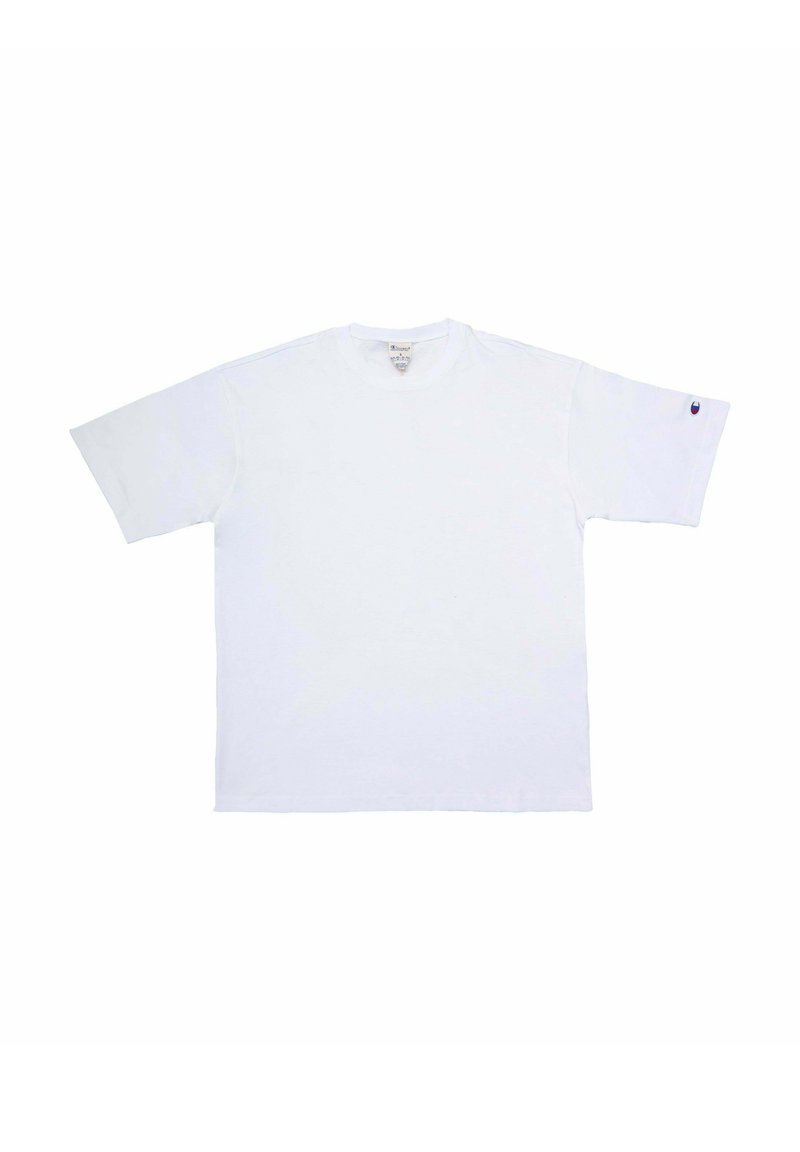 T-shirt bianco a maniche corte in cotone, con scollo rotondo e un piccolo logo sul maniche sinistra. Design semplice ed uniforme.