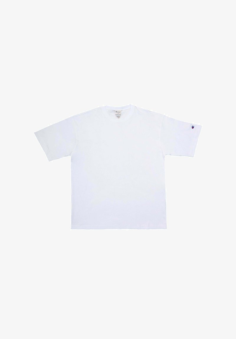 T-shirt bianco a maniche corte in cotone, con scollo rotondo e un piccolo logo sul maniche sinistra. Design semplice ed uniforme.