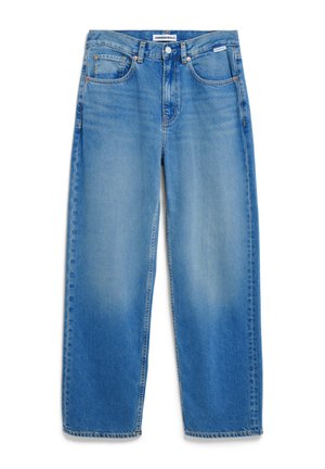 Light blue, wide-leg jeans displayed flat. Features include a waistband with belt loops, front pockets, and subtle fading on the fabric.