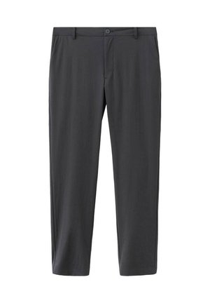 Temno sive hlače z ravnimi hlačnicami z gumbom in zadrgo, z zankami za pas in stranskimi žepi, prikazane na belem ozadju.