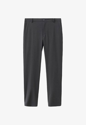 Temno sive hlače z ravnimi hlačnicami z gumbom in zadrgo, z zankami za pas in stranskimi žepi, prikazane na belem ozadju.