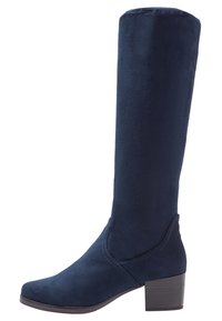 Knee-high navy blue boots made of suede with a block heel, pointed toe, and curved side seams for design detail. Smooth texture.