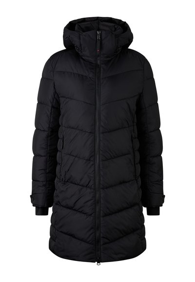 Black puffer coat with a hood, featuring a zip closure, diamond quilted design, and elastic cuffs for warmth and comfort.