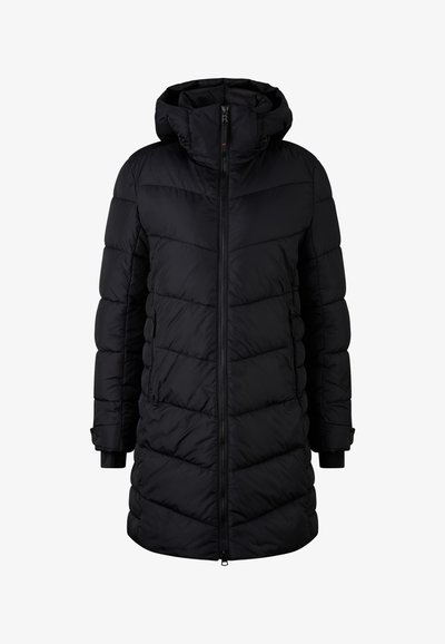 Black puffer coat with a hood, featuring a zip closure, diamond quilted design, and elastic cuffs for warmth and comfort.