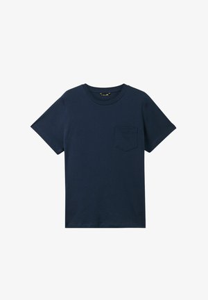 Navy blauwe katoenen t-shirt met een ronde halslijn, korte mouwen en een klein borstzakje aan de linkerkant. Heeft een zachte textuur en een rechte zoom.