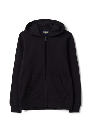 Zwarte zip-up hoodie met voorzakken, lange mouwen en aangehechte capuchon, plat weergegeven op een witte achtergrond.