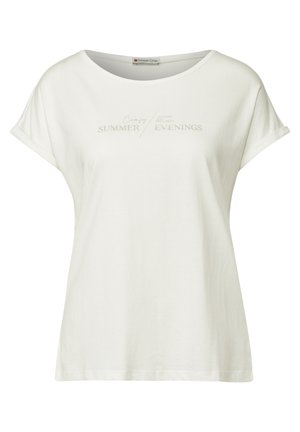 Witte T-shirt met korte mouwen en een relaxte pasvorm. Bevat een bedrukte tekst die "Creatieve ZOMERAVONDEN" in lichtgrijze letters weergeeft. Gladde stof.