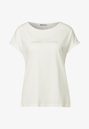 Hvid T-shirt med korte ærmer og afslappet fit. Har et trykt design med teksten "Crafty SUMMER EVENINGS" i lys grå. Glat materiale.
