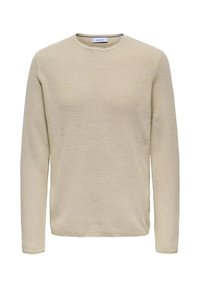 Maglione lavorato a maglia color beige chiaro con maniche lunghe, scollatura rotonda e motivo strutturato. Bordi rifiniti con morbida e delicata costina ai polsini e all'orlo.