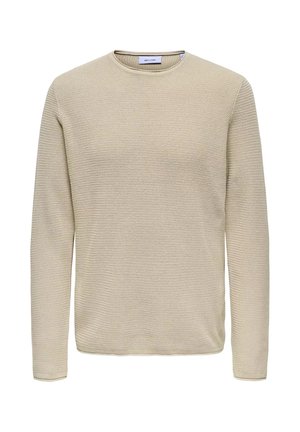 Maglione lavorato a maglia color beige chiaro con maniche lunghe, scollatura rotonda e motivo strutturato. Bordi rifiniti con morbida e delicata costina ai polsini e all'orlo.
