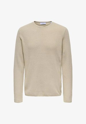 Svetlobežový pletený sveter s dlhými rukávmi, okrúhlym výstrihom a textúrovaným vzorom. Dokončené okraje s jemným, subtílnym pružením na manžetách a v spodnej časti.