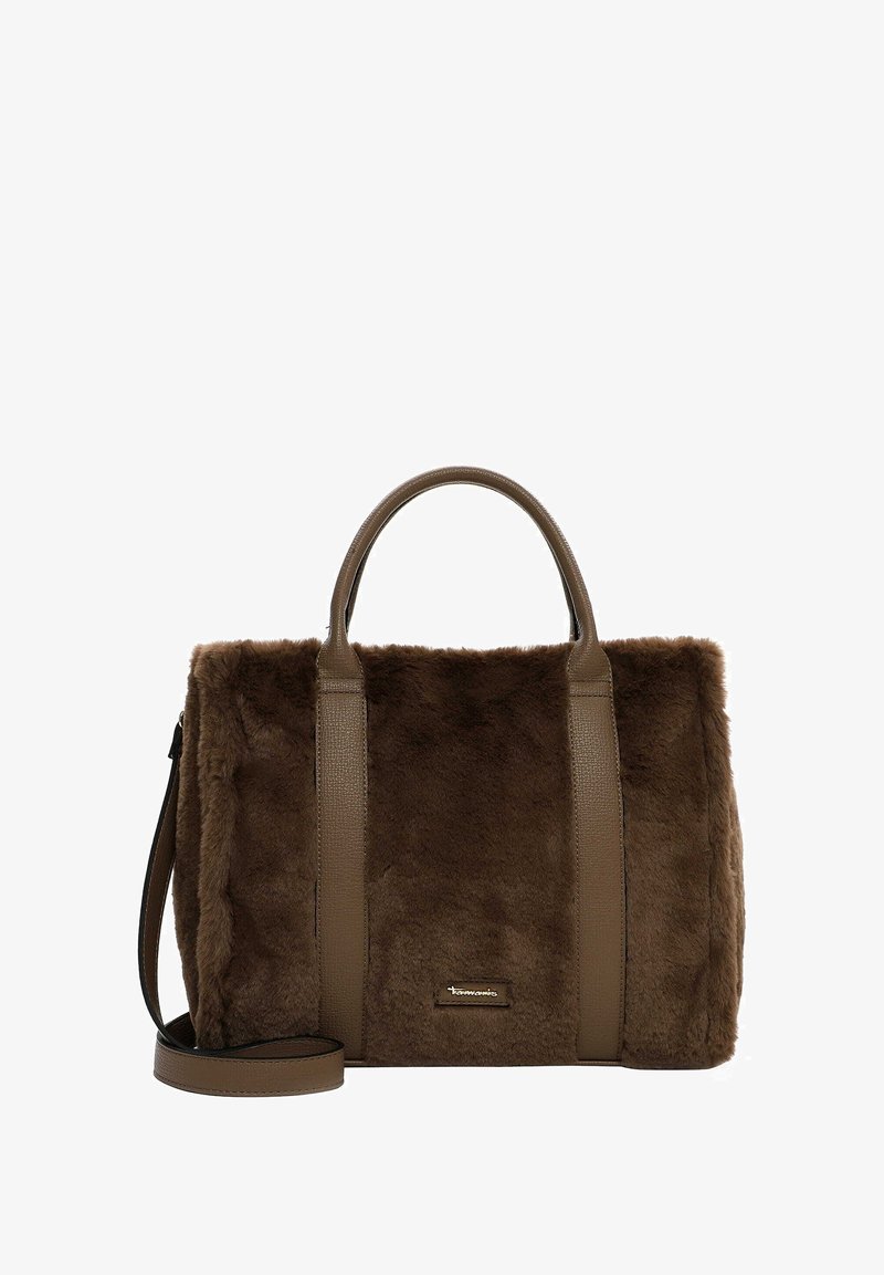 Sac à main en fausse fourrure marron avec des accents en cuir lisse, deux poignées supérieures et une bandoulière ajustable. Dispose d'un détail logo discret.