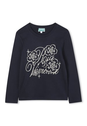 Long-sleeve navy t-shirt made of cotton, featuring white floral embroidery and cursive text design on the front. Round neckline.