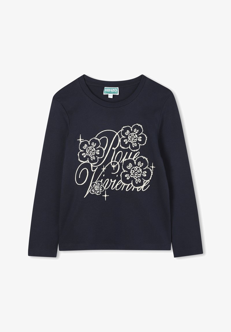 T-shirt à manches longues bleu marine en coton, avec des broderies florales blanches et un design de texte en cursive sur le devant. Encolure ronde.