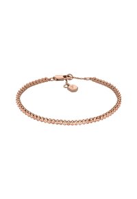 Roze gouden armband met een schakeldesign en een rij heldere kristallen, bevestigd met een karabijnhaak en een extra label.