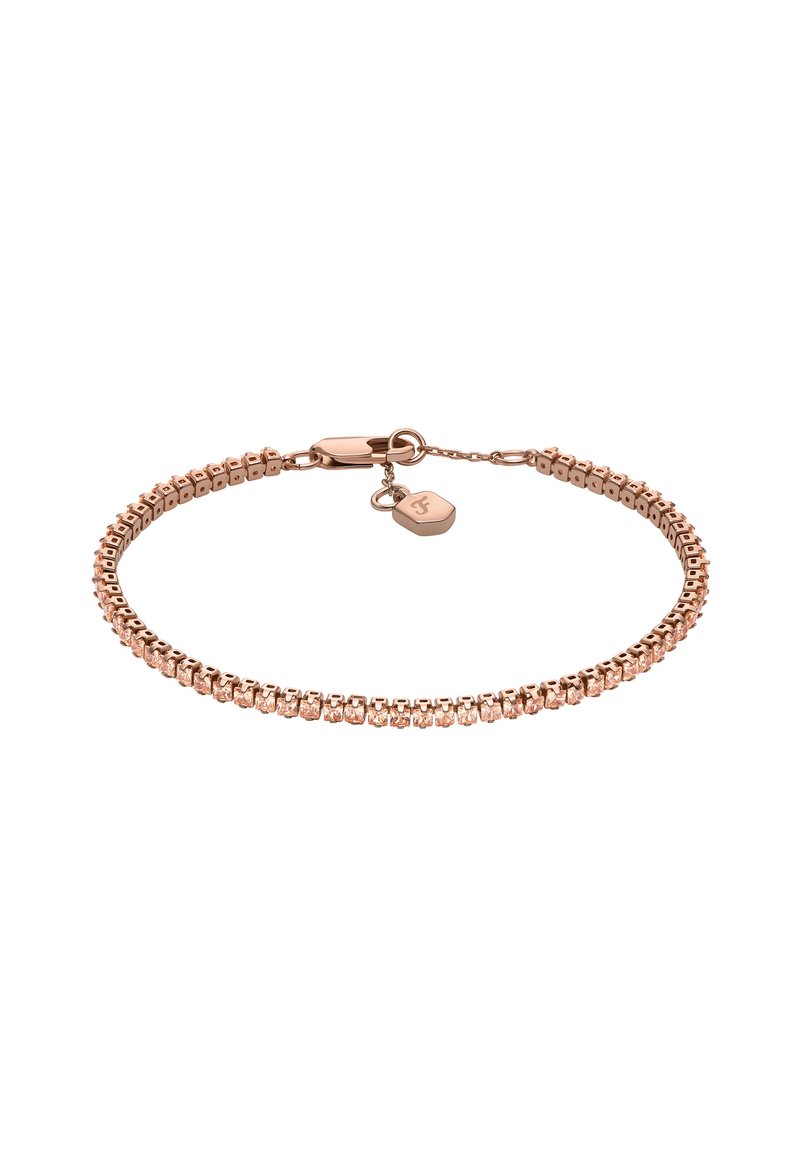 Roze gouden armband met een schakeldesign en een rij heldere kristallen, bevestigd met een karabijnhaak en een extra label.