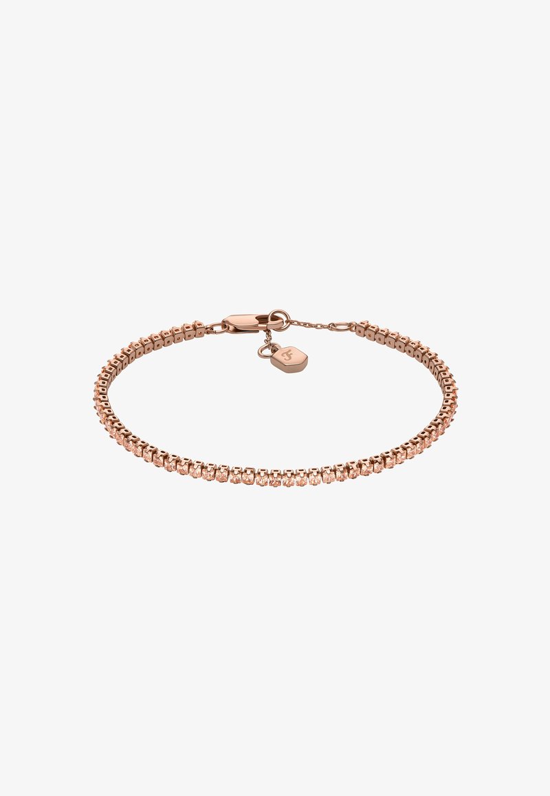 Bracciale in oro rosa con design a catena e una fila di cristalli chiari, sicuro con chiusura a moschettone e un ulteriore etichetta.