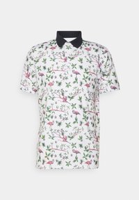 Polo à manches courtes avec une base blanche, présentant un motif de flamant rose et de feuilles vertes, avec un col noir.