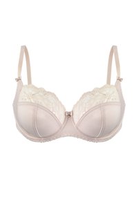 Beżowy biustonosz z fiszbinami, z koronkowym wykończeniem u góry, satynowymi miseczkami, regulowanymi ramiączkami oraz małą kokardką na środku z przodu.