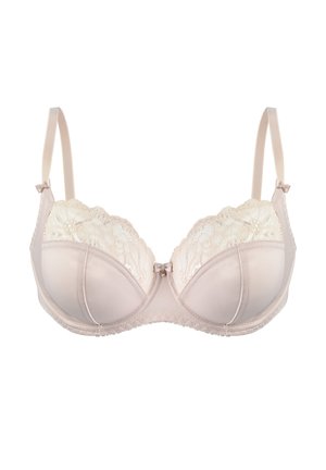 Beżowy biustonosz z fiszbinami, z koronkowym wykończeniem u góry, satynowymi miseczkami, regulowanymi ramiączkami oraz małą kokardką na środku z przodu.