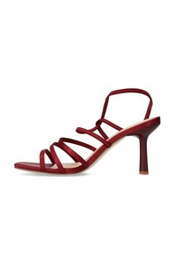 Red strappy sandal with a sleek design, satin finish, open toe, and a tapered heel. Features multiple narrow straps and a light sole.
