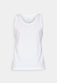 Biela bavlnená tielko s okrúhlym výstrihom, bez rukávov a malým tónovým logom Nike vpredu. Hladká textúra.