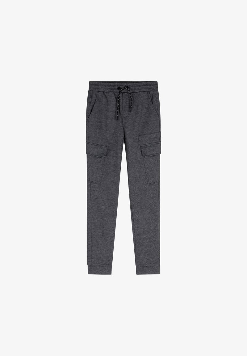 Pantalons cargo gris foncé en tissu doux, dotés d'une taille élastique avec cordon de serrage, de deux poches latérales et de deux poches cargo.